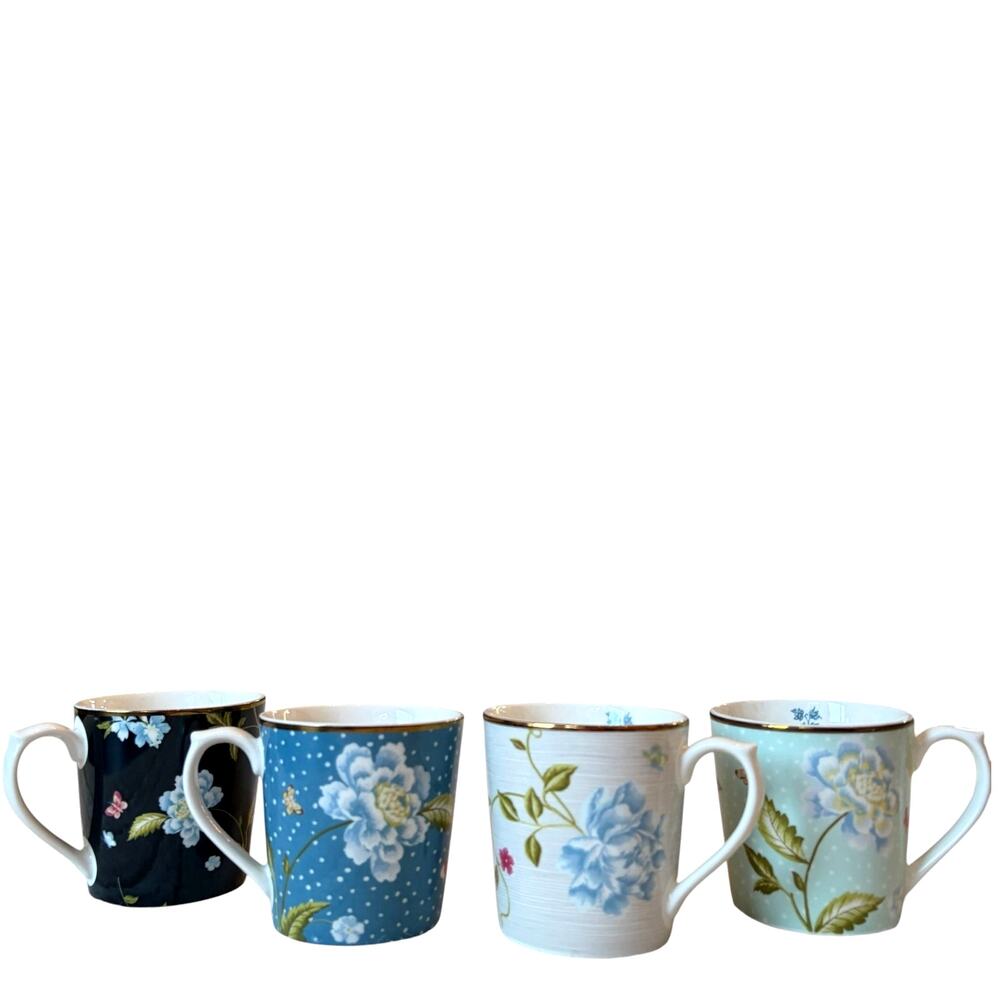 Laura Ashely Porcelain Assorted Floral Mugs 10oz Set of 4 Gold Accent New in Box